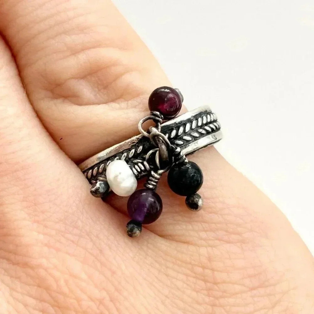 Multi Stone Sterling Silver Textured Vintage Straight Shank Unisex Ring sz 5.75